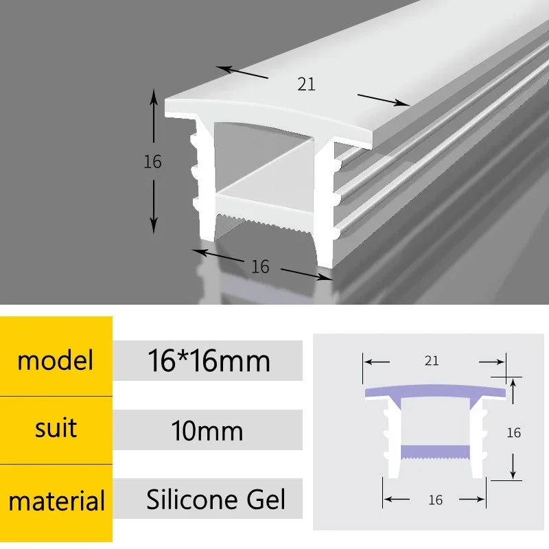 Recessed LED diffuser channel, white silicone gel tube, 16x16mm for 10mm strip