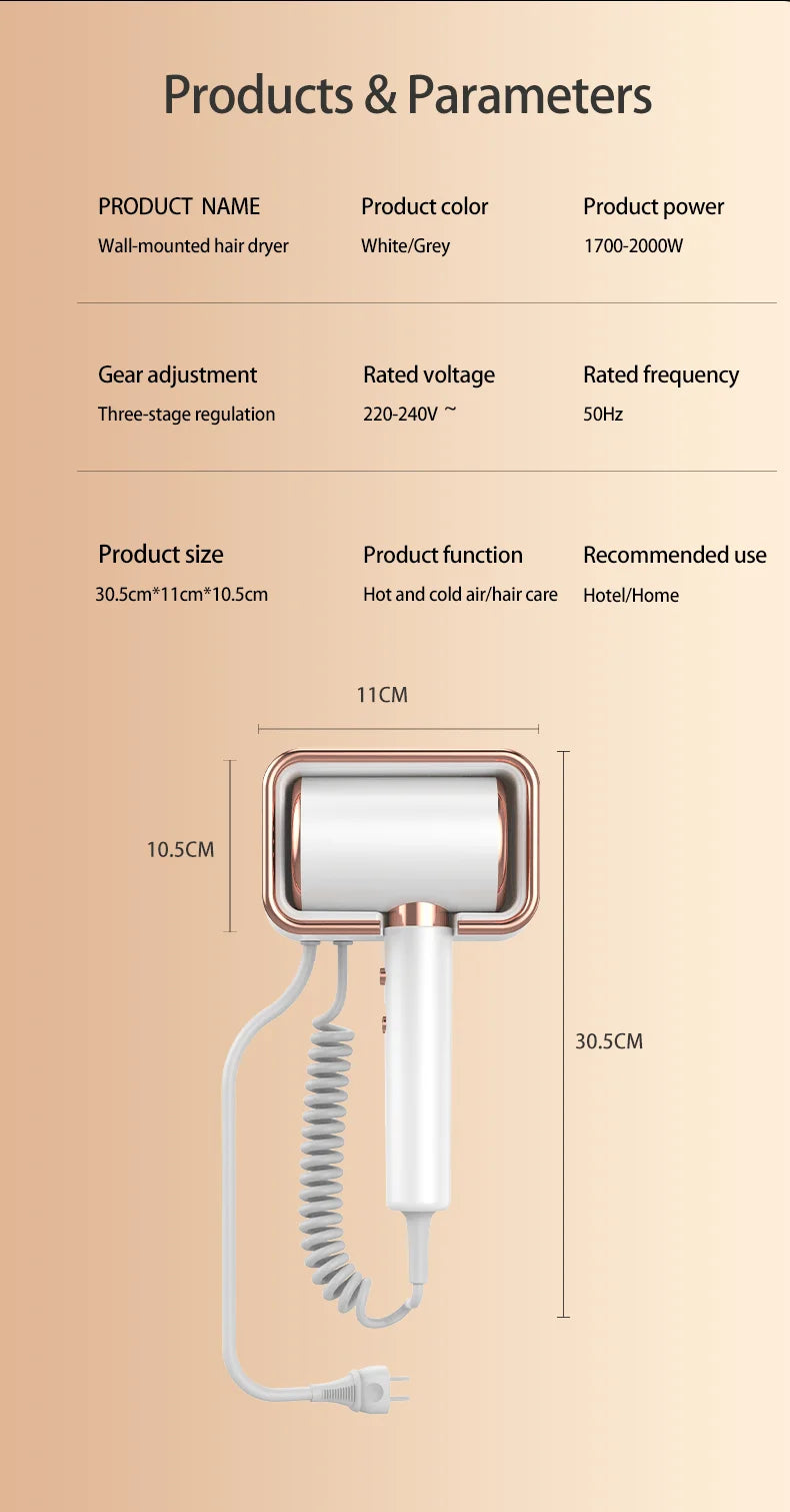 HOMEFISH white and grey wall-mounted hairdryer with 2000W power and coiled cord for hotels and bathrooms.