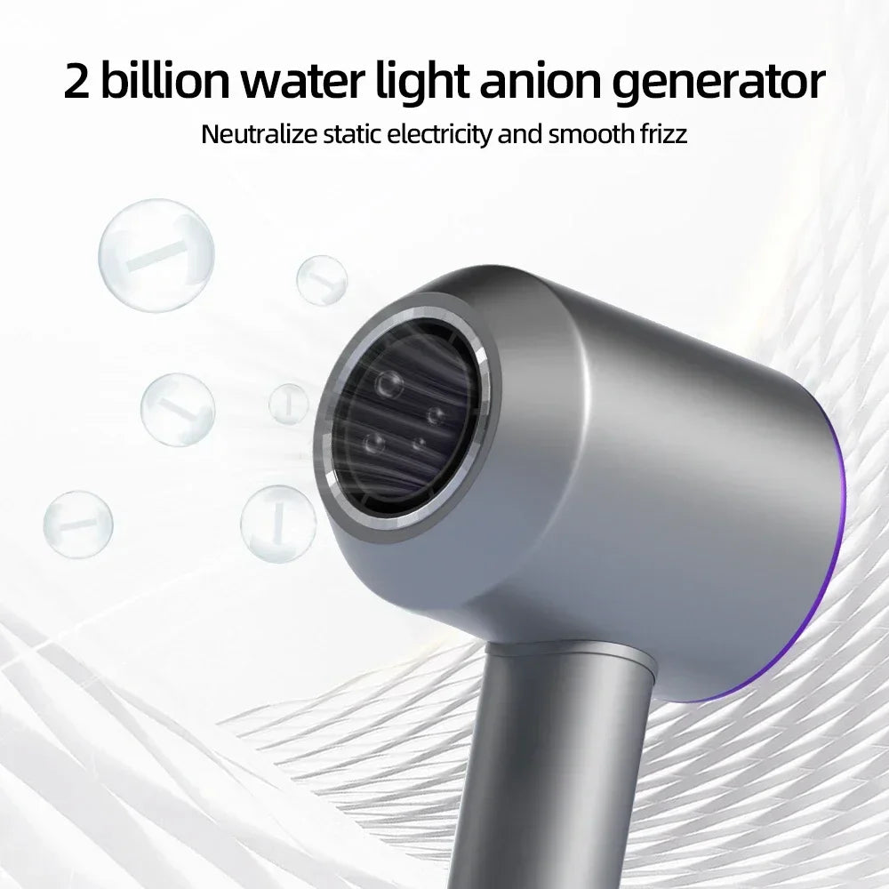 Silver high-speed bladeless hair dryer with anion generator for frizz-free, quick-drying professional hair care.