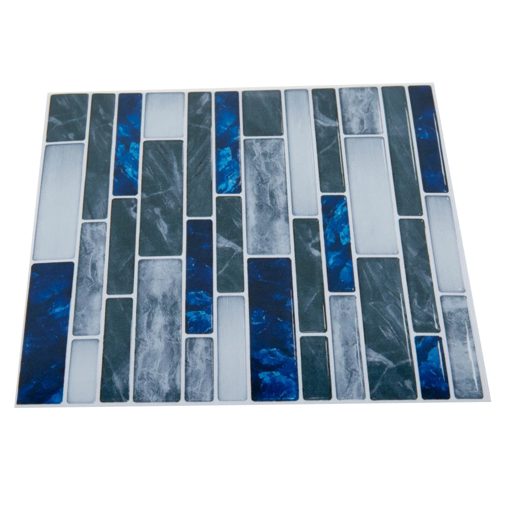 Blue and gray mosaic tile sticker sheet with alternating light blocks and dark accents