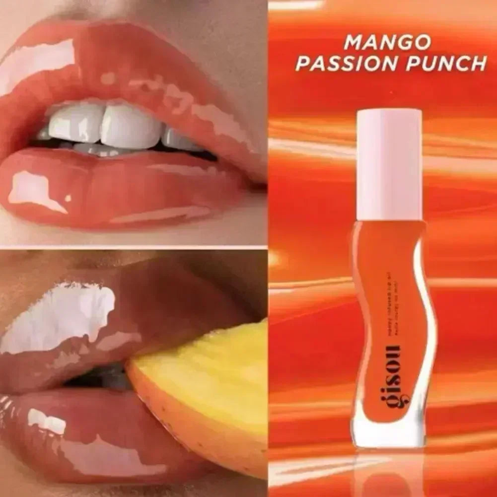 Gisou Mango Passion Punch lip oil in orange bottle, shown on glossy lips to moisturize and reduce lip lines.
