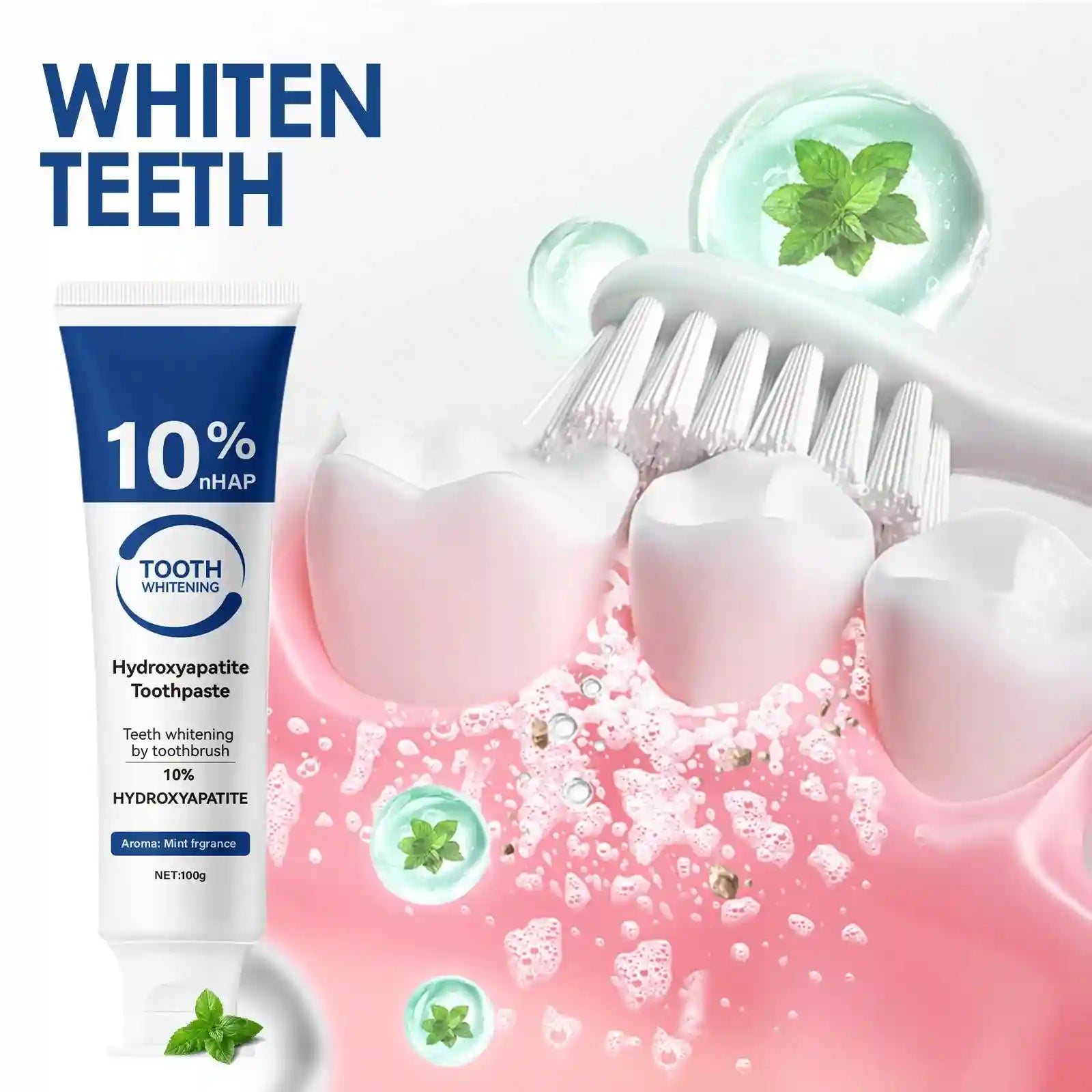 Tidesmit 10% Hydroxyapatite whitening toothpaste for deep cleaning, enamel strengthening, and gum protection.