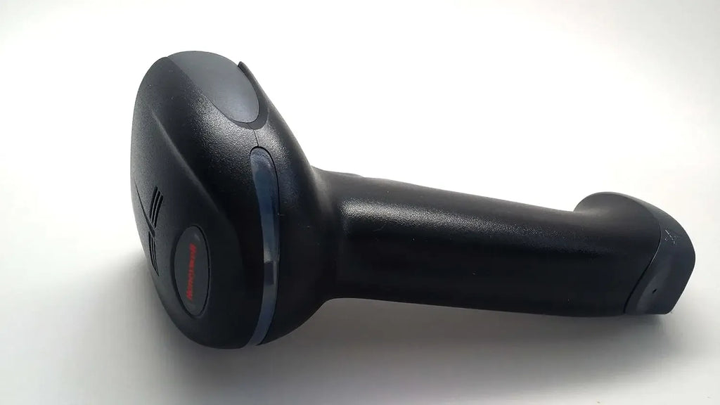 2D handheld barcode scanner side view with black grip and curved head