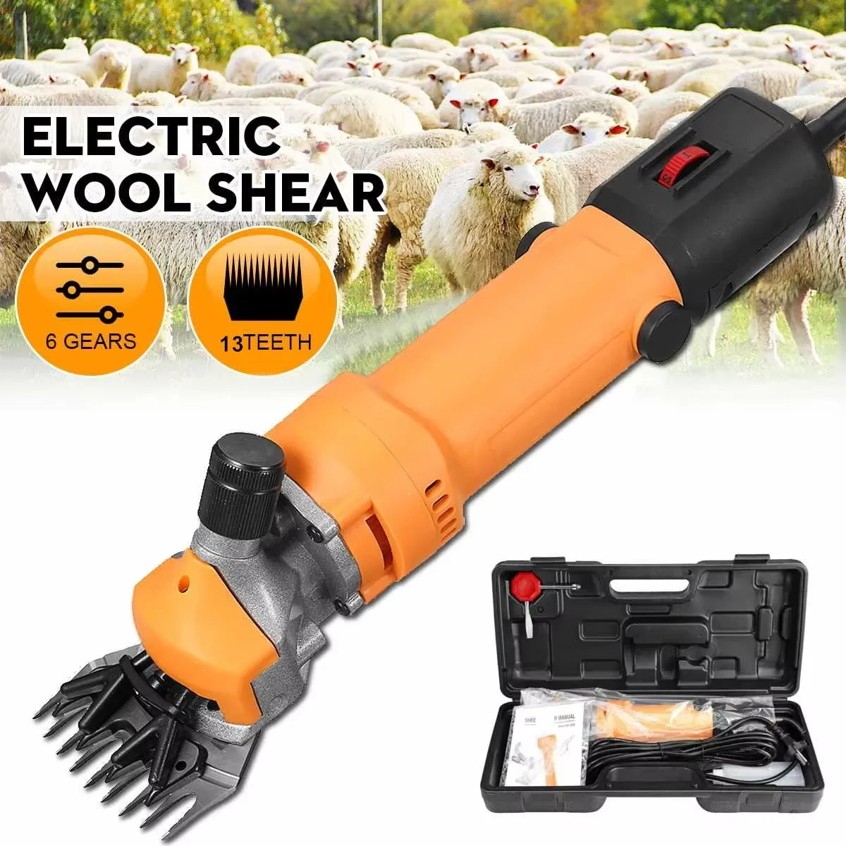 2000W electric sheep shearing clipper with 6 speed settings and 13-tooth blade for efficient wool and goat hair cutting.