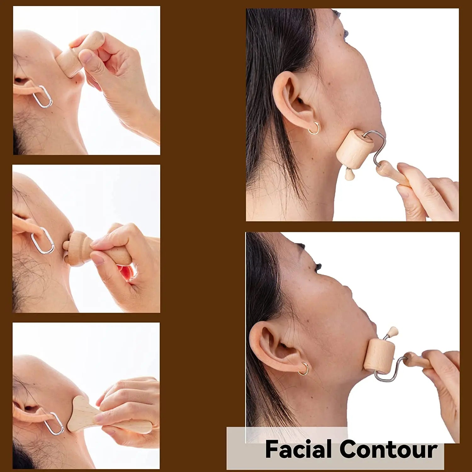 A wooden facial massage roller and gua sha tool set shown being used on a woman's jawline and neck for contouring.