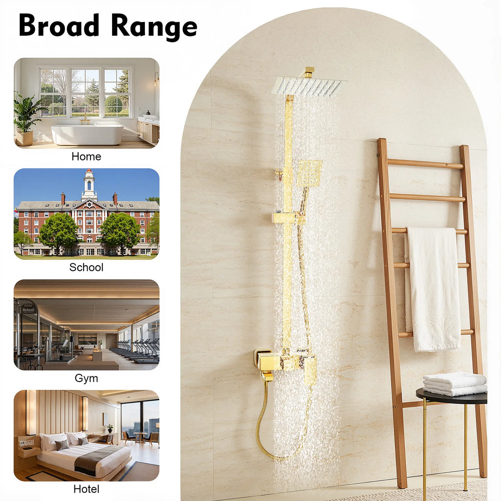 Adjustable Gold Brass Shower Column Set, Rain Shower & Handheld Shower with Stainless Steel Hose, Bathroom Shower Faucet Set