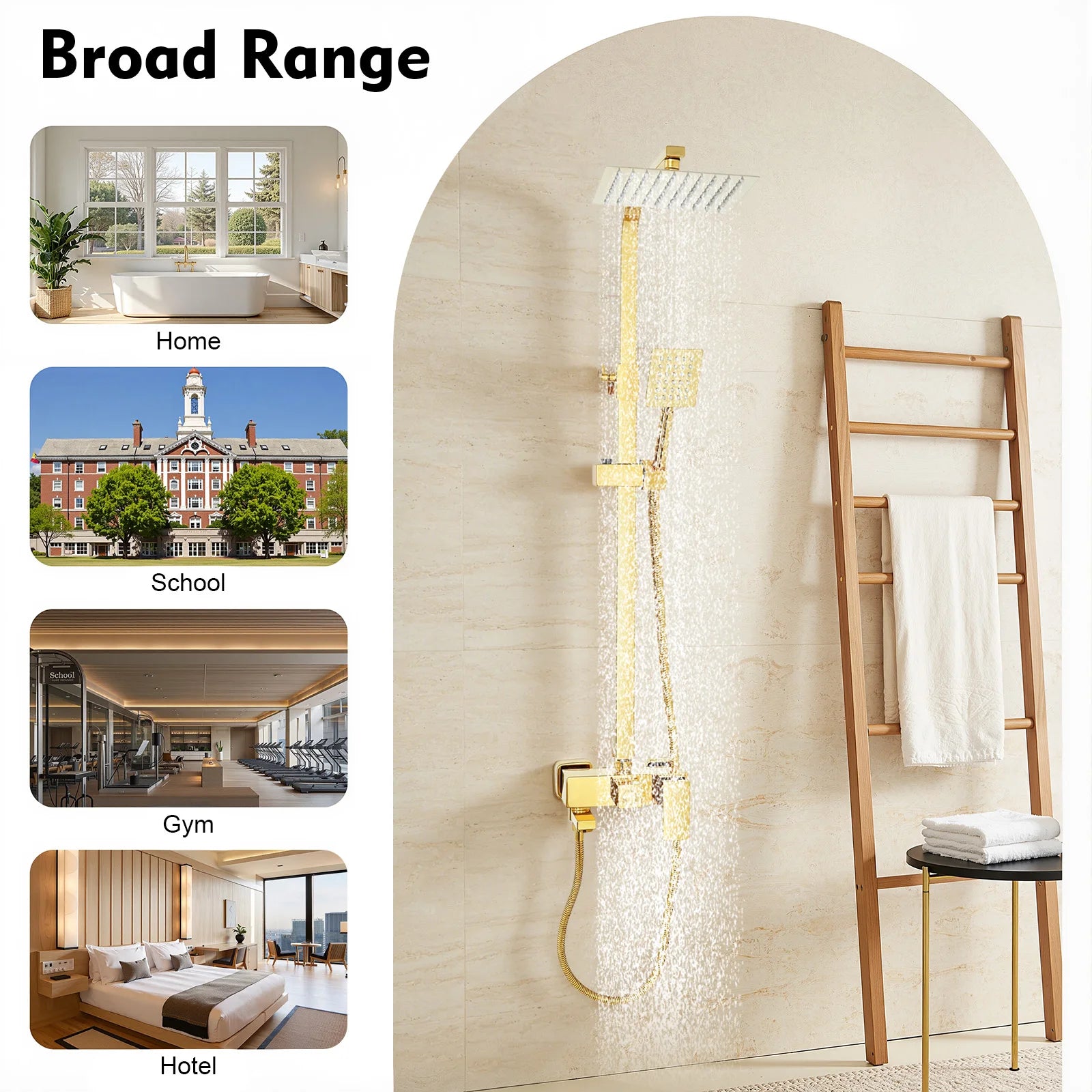 Adjustable Gold Brass Shower Column Set, Rain Shower & Handheld Shower with Stainless Steel Hose, Bathroom Shower Faucet Set