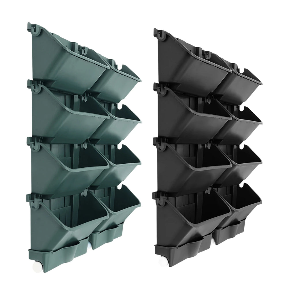 Wall-mounted vertical planter set with stackable dark green and black pockets and side hooks