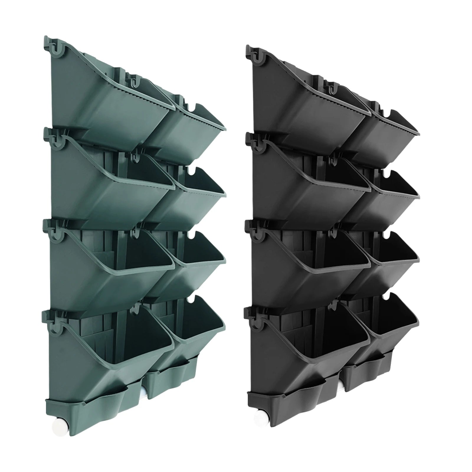 Wall-mounted vertical planter set with stackable dark green and black pockets and side hooks