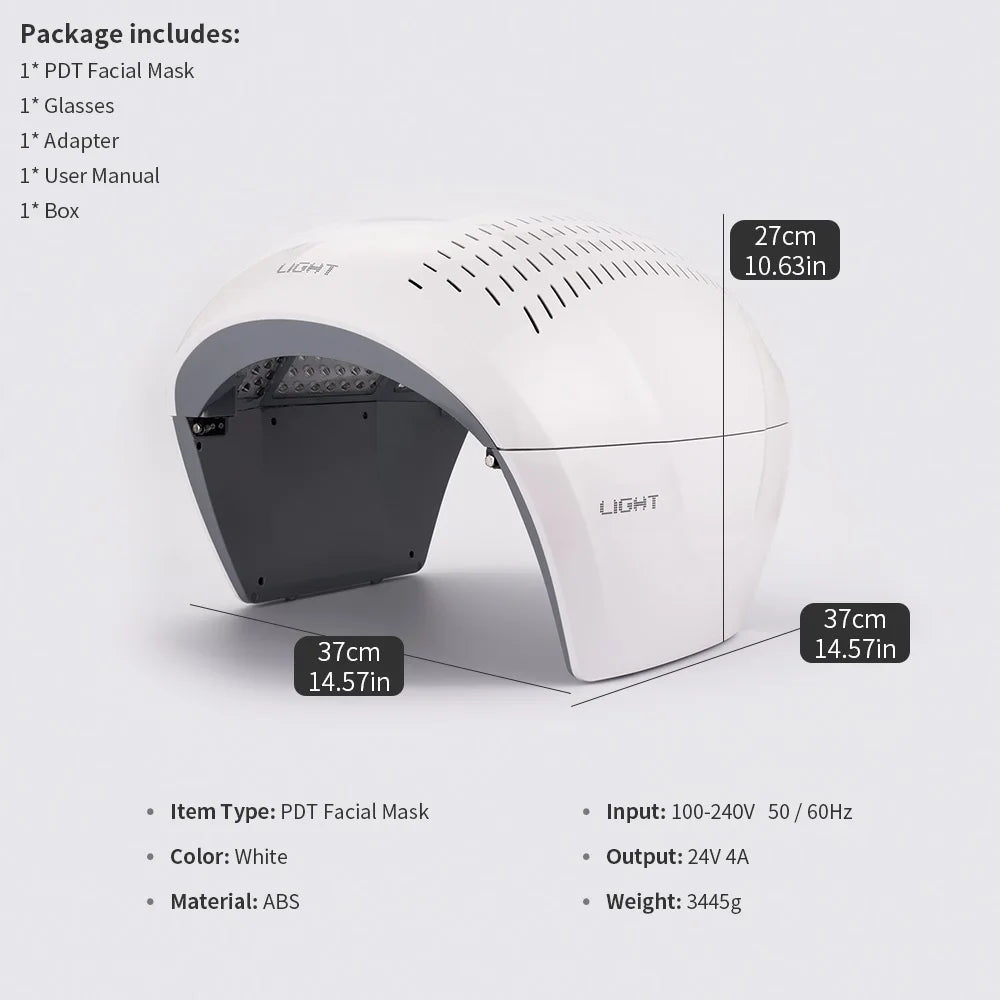 White ABS plastic arched PDT facial mask for skin therapy, measuring 37x27x37cm with internal LED light panels.