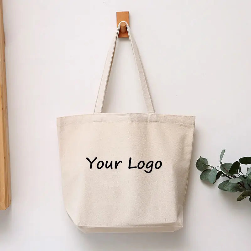 100PCS/Lot Custom Logo Natural Canvas Tote Bags – High-Quality Reusable Cotton Grocery Shopping Bags with Large Capacity