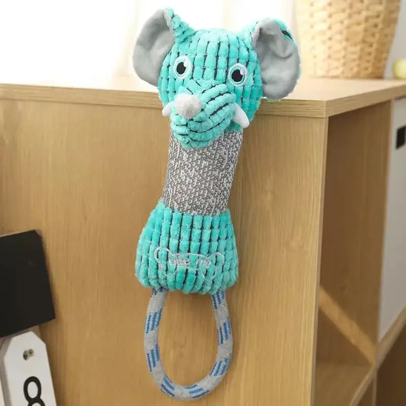 Cute teal elephant plush dog rope toy for interactive chewing, squeaky play, and effective teeth cleaning.