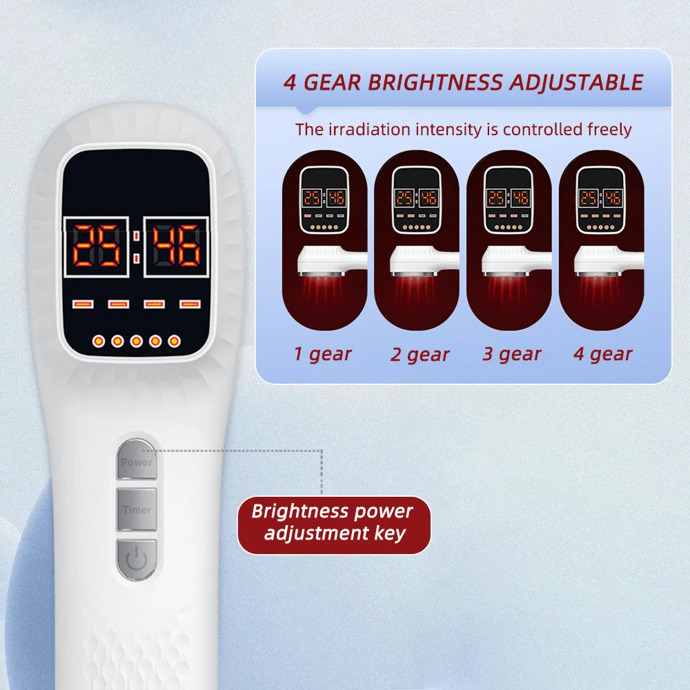 White handheld red light therapy device with a digital display and four adjustable brightness settings.