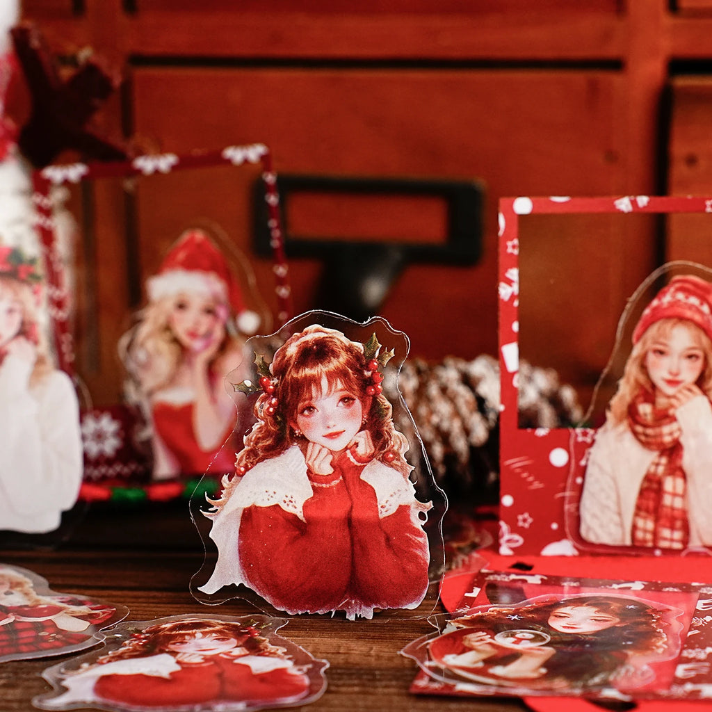 15 Sheets Christmas Theme PET Sticker Pack for Scrapbook DIY Photo Frame Collage Decor, Christmas Gift Decorative Stickers