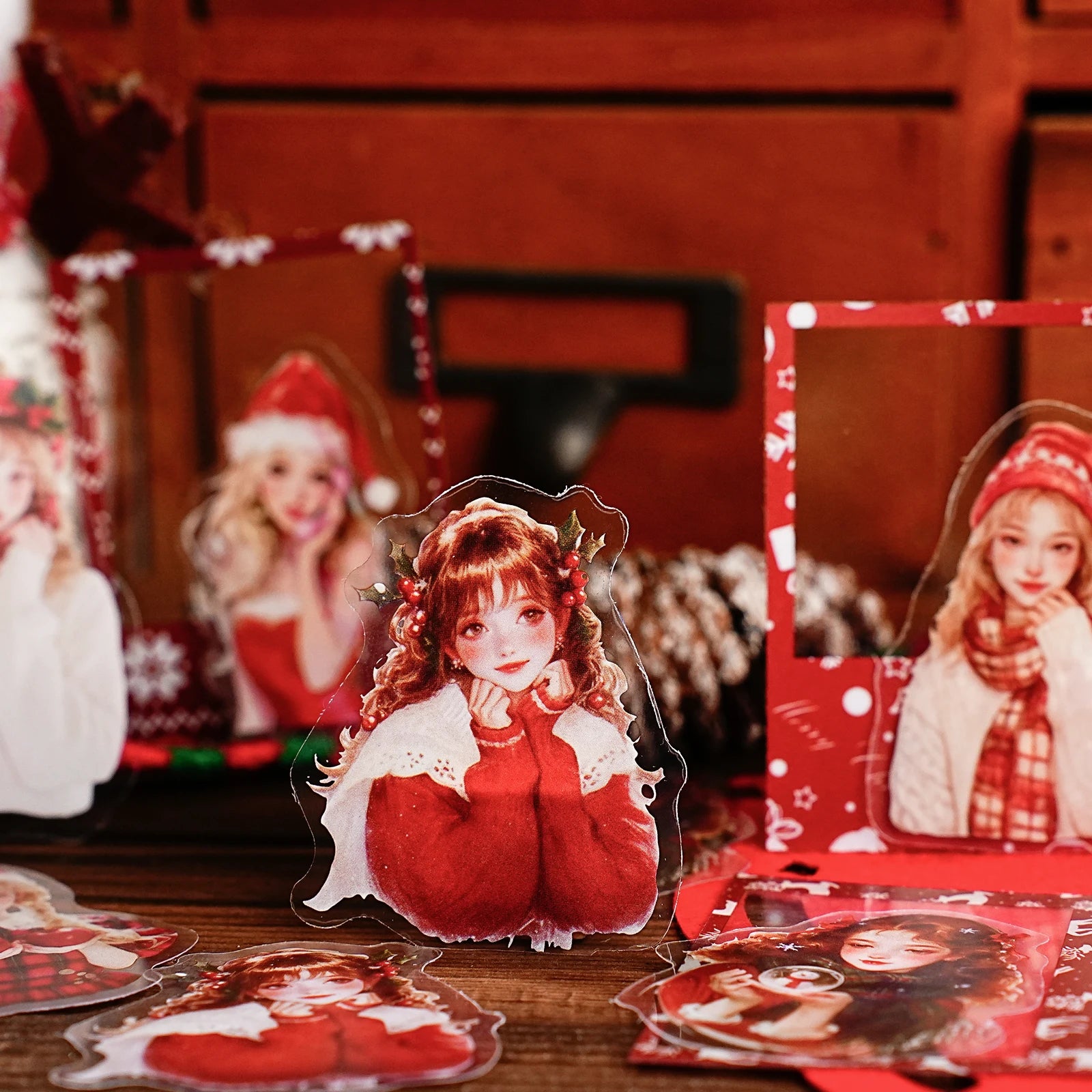 15 Sheets Christmas Theme PET Sticker Pack for Scrapbook DIY Photo Frame Collage Decor, Christmas Gift Decorative Stickers