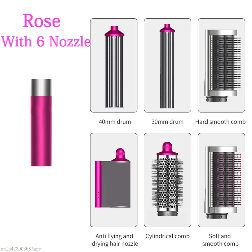 SenCiciMen X9 rose gold 6-in-1 hair styler set with curling barrels, dryer nozzle, and professional styling brushes.