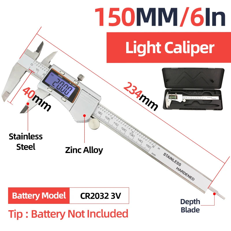 Light metal caliper with LCD screen, stainless steel scale, and depth blade
