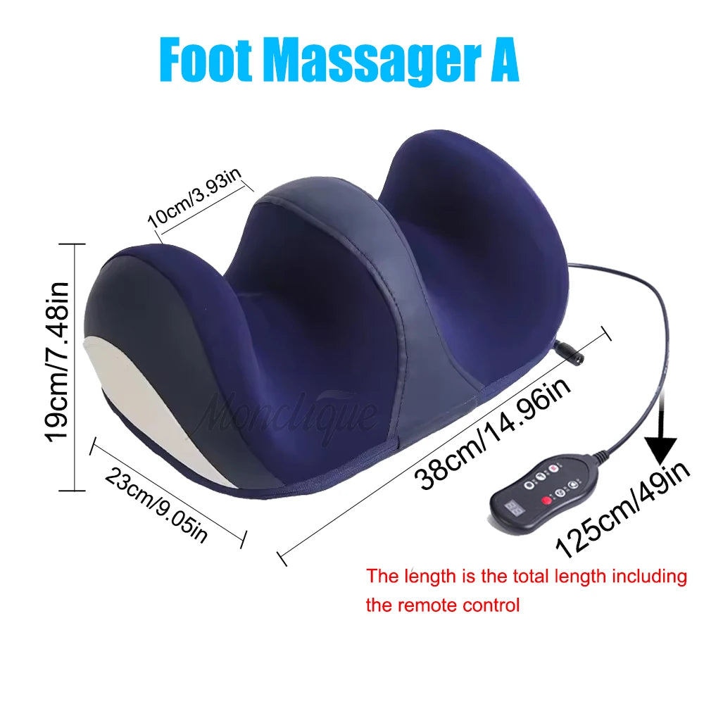 Blue electric heated foot and calf massager with remote control, deep tissue kneading device for muscle relaxation.