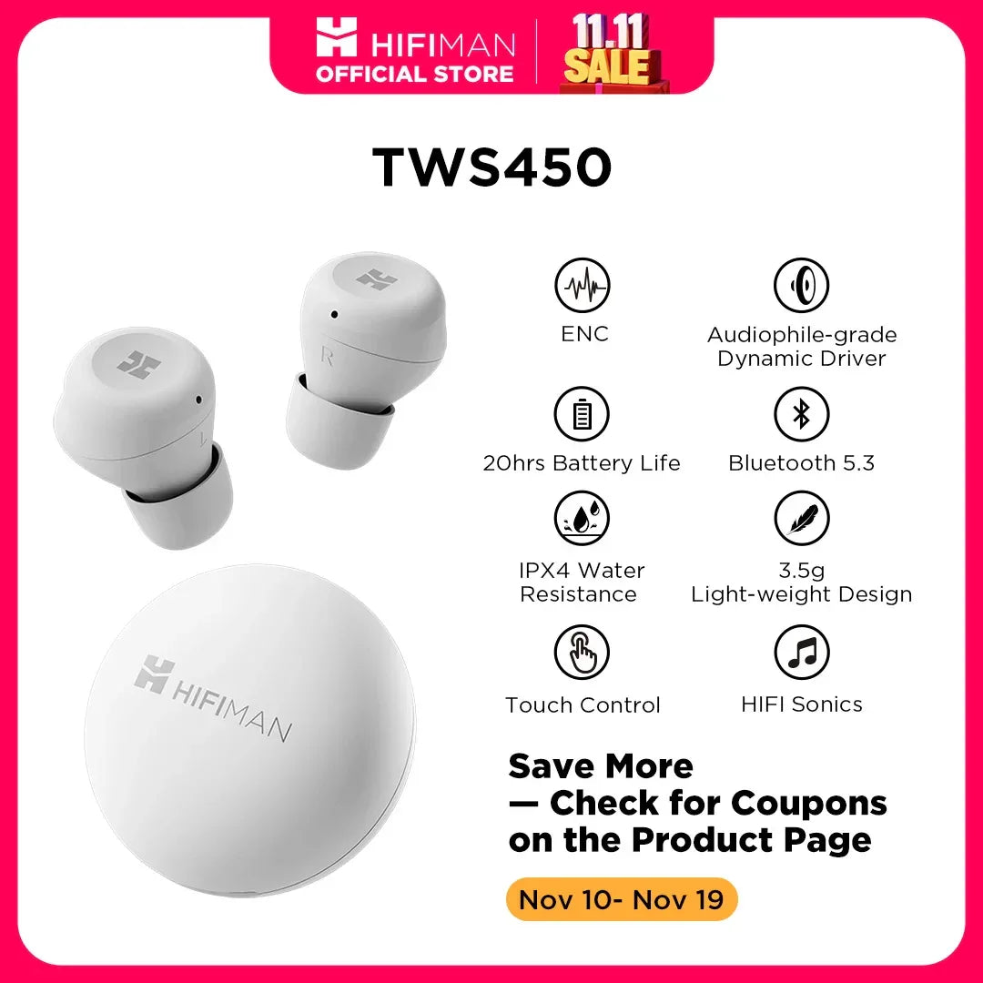 True Wireless Earbuds ANC Tidesmit - White Active Noise Canceling WHITE Tidesmit