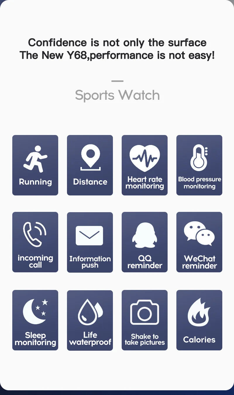 Y68 Smart Watch Bluetooth Fitness Tracker Adult Sports Watch Heart Rate Monitor Blood Pressure Smart Bracelet for Android iOS