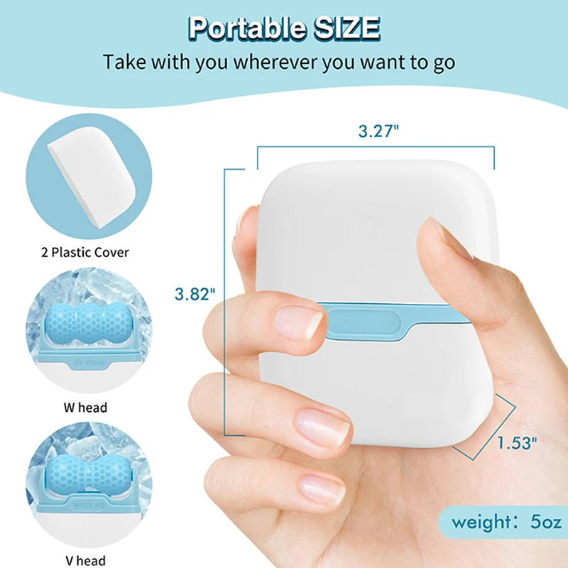 A white and blue portable 2-in-1 ice roller for skincare, showing interchangeable W and V heads and dimensions.
