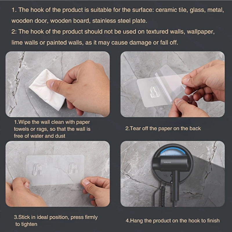 Installation guide for Gmdq 1800W wall-mounted hair dryer with blue light and adhesive hanging hook for easy storage.