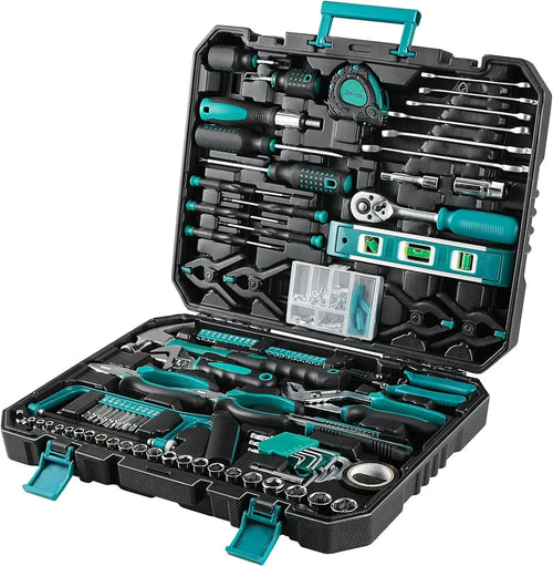 Hand tool set in black and teal case with ratchet, sockets, and screwdriver tools