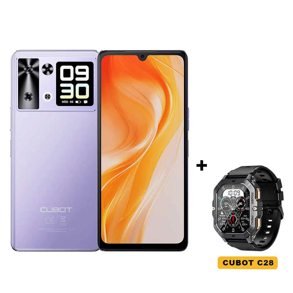 Purple Cubot P90 smartphone with 6.88" screen, 64MP camera, and bundled Cubot C28 smartwatch.