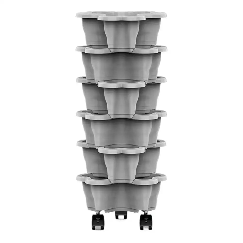4-tier stackable vertical planter tower with gray plastic pots and rolling wheels