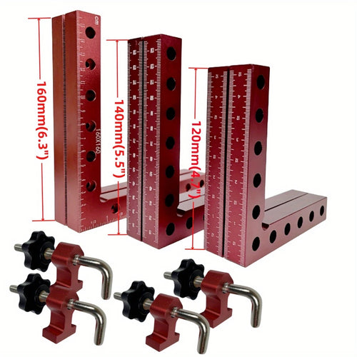 90-degree corner positioning square rulers with size labels and black/red clamp hardware