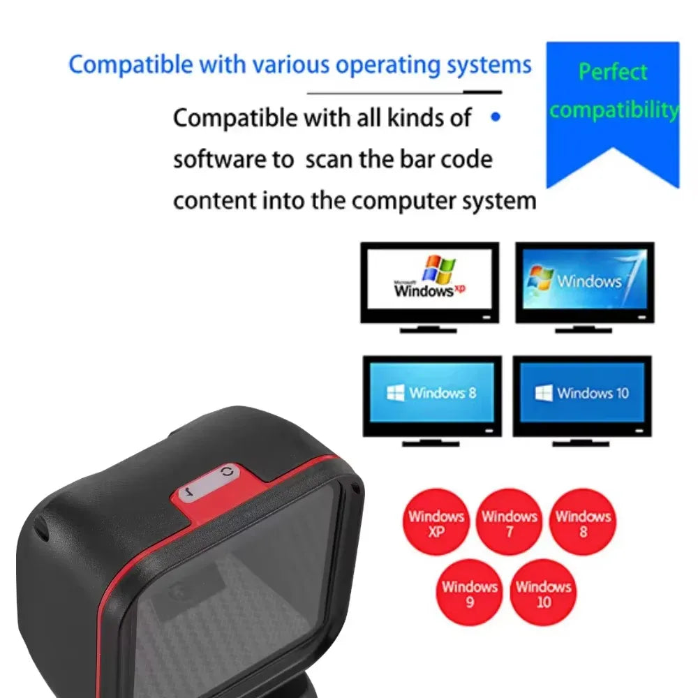 Compact barcode scanner with black casing, red top panel, and cradle stand