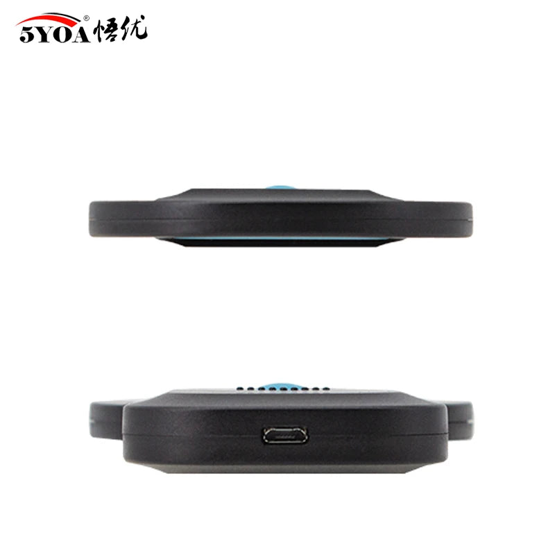 5YOA handheld black RFID pet microchip reader for dogs and cats with rechargeable USB port for easy identification.