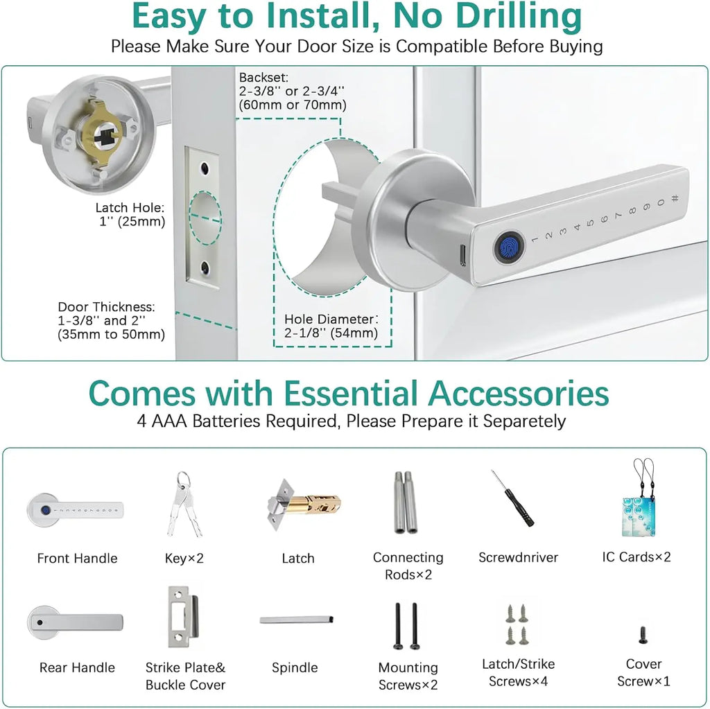 Smart Door Handle Lock with Tuya App Fingerprint PIN RFID Card Mechanical Key Temporary Code for Home Apartment Office