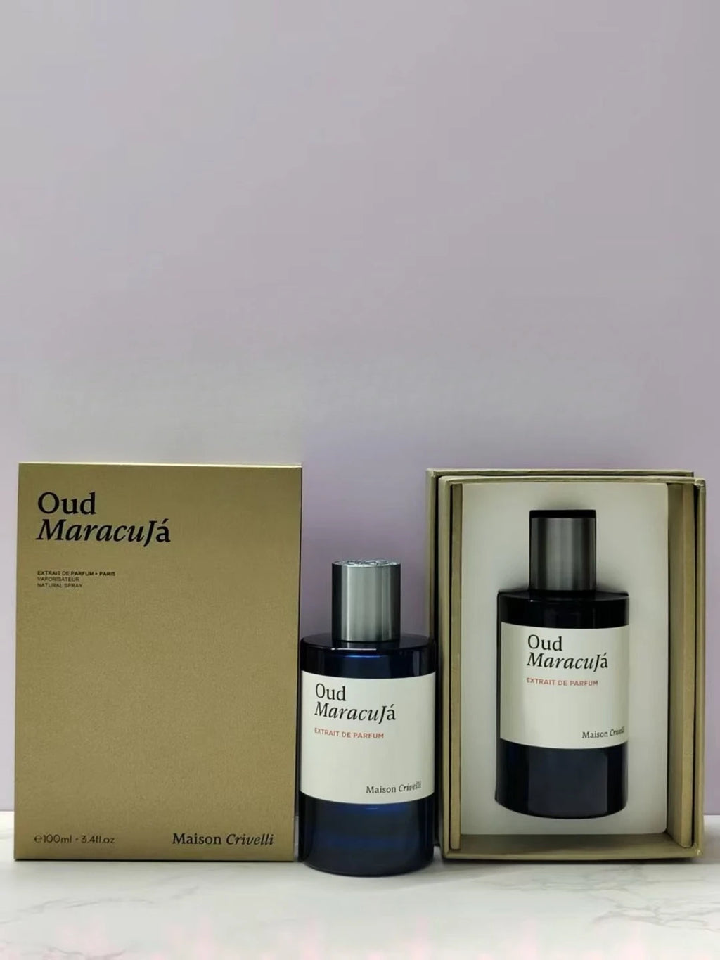 Maison Crivelli Oud Maracuja unisex Extrait de Parfum. Luxury 100ml dark glass bottle with gold gift box set.