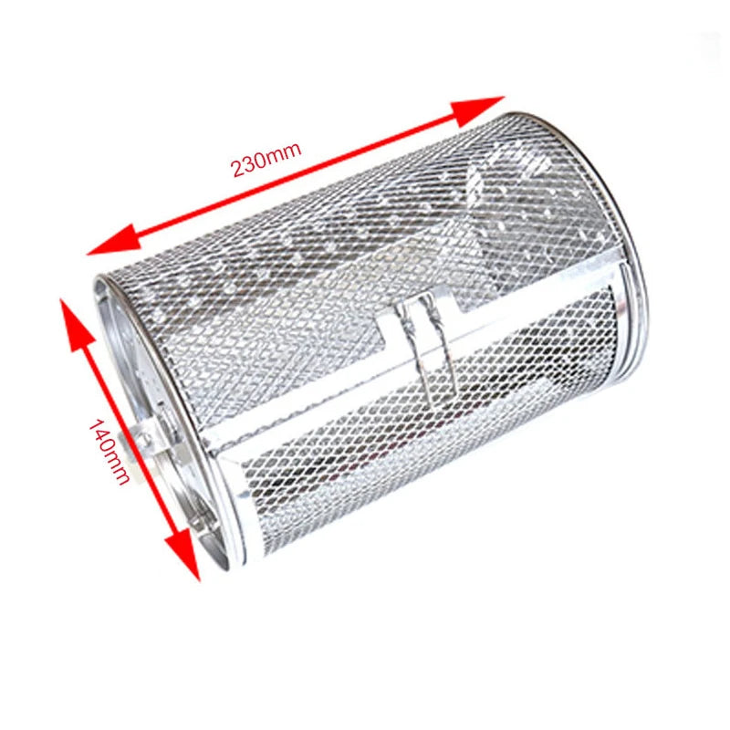 Stainless steel rotisserie basket drum dimensions: 230mm length and 140mm diameter