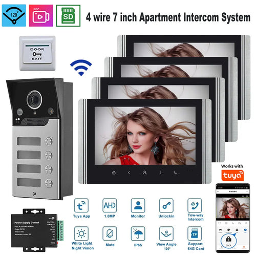 Apartment video intercom system with black outdoor panel, 7-inch indoor monitor, and buttons