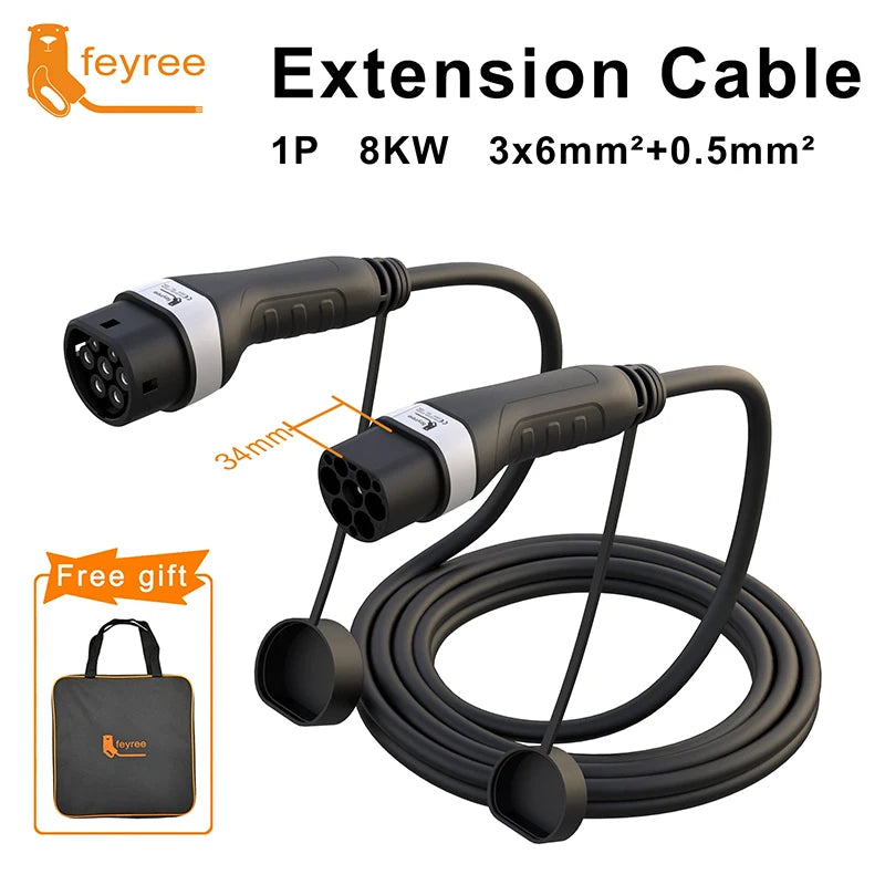 feyree EV Charger Extension Cable 5m Type2 Female to Male Plug 4kW/8kW/11kW/22kW for Electric Vehicle Cord EVSE Charging Station