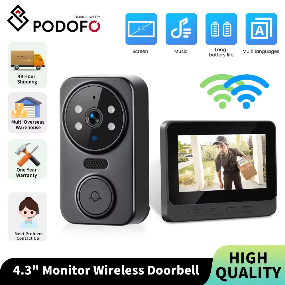 Podofo 4.3" Monitor Wireless Doorbell Camera Infrared Night Vision Door Ring Intercom Video Two-Way Audio Visual Doorbell Monit