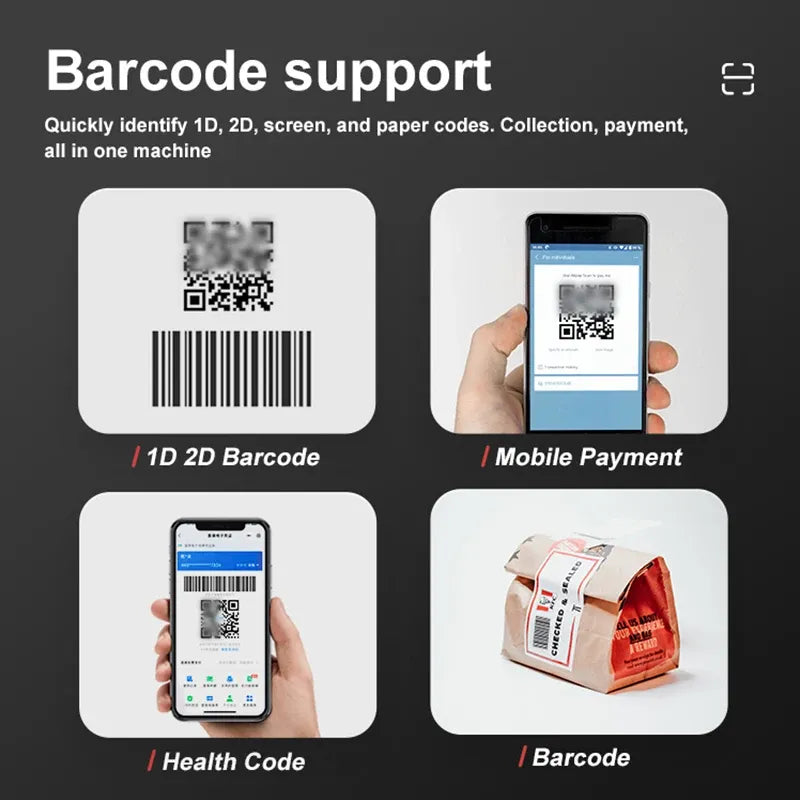 Barcode scanning support graphics showing QR, 1D/2D and mobile payment icons