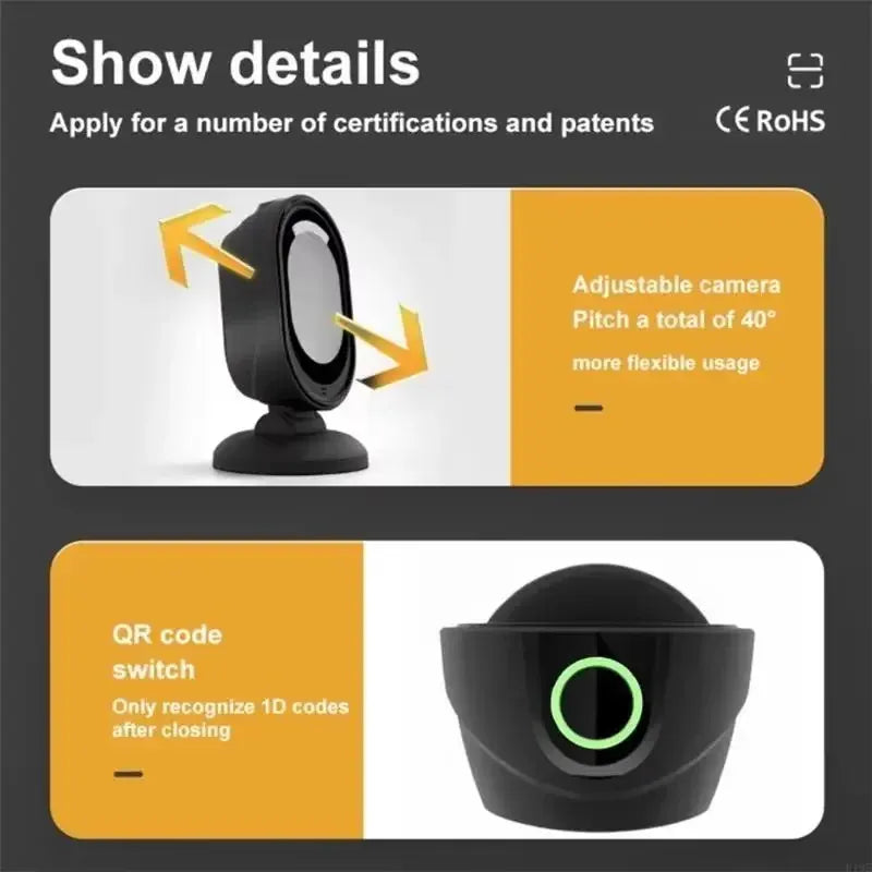 Black desktop barcode scanner on base, side angle showing lens window