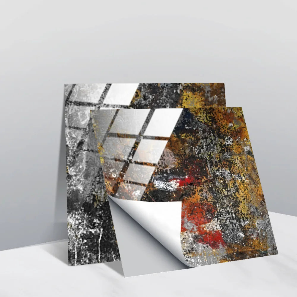 Faux stone tile wall sticker sheets with speckled gray, rust, and yellow abstract texture