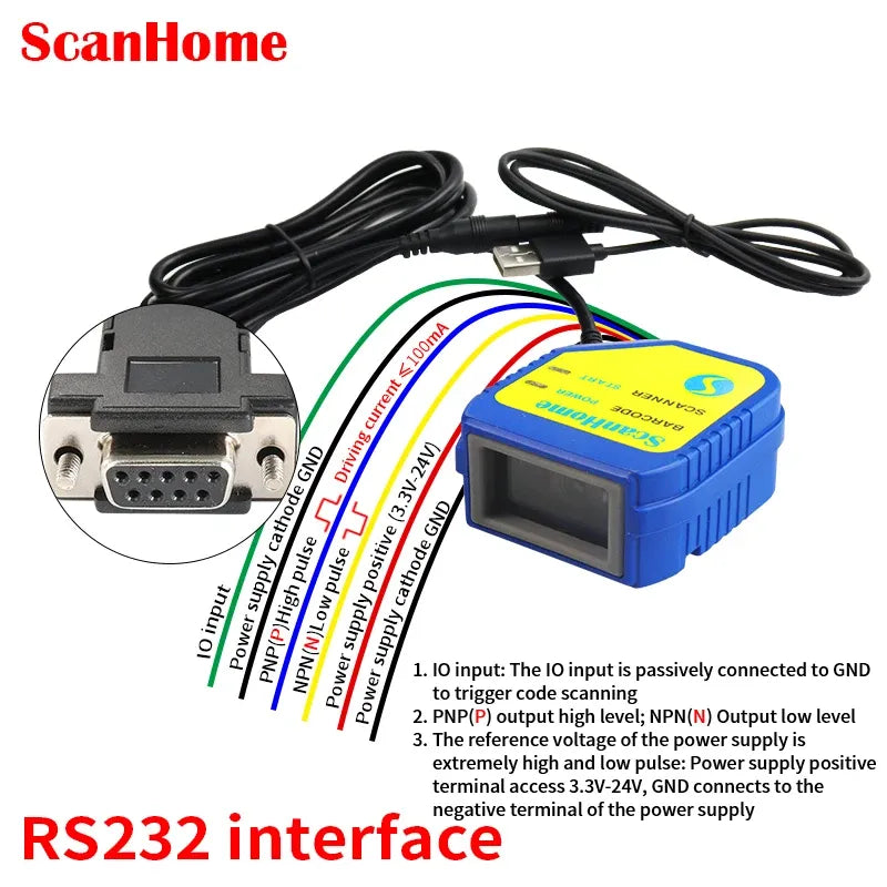 Blue barcode scanner module with RS232 DB-9 style port and black cable