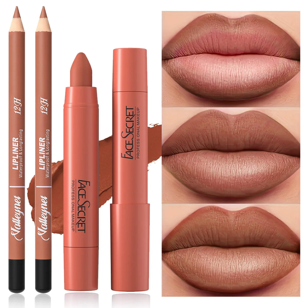 2pc matte nude lipstick and lip liner combo set for long-lasting, smooth, velvet-finish professional lip makeup.