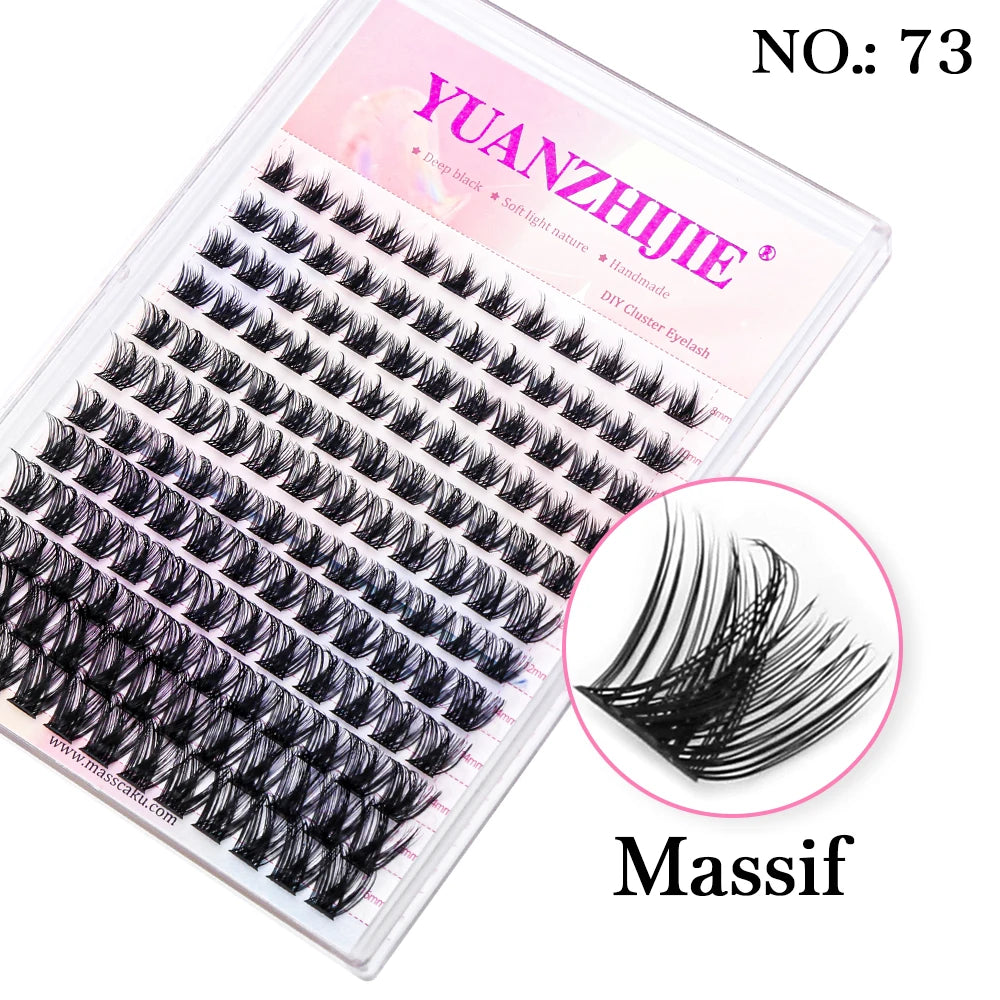 Tray of 144 black, segmented mink DIY cluster eyelashes with a close-up circle view showing the lash volume.