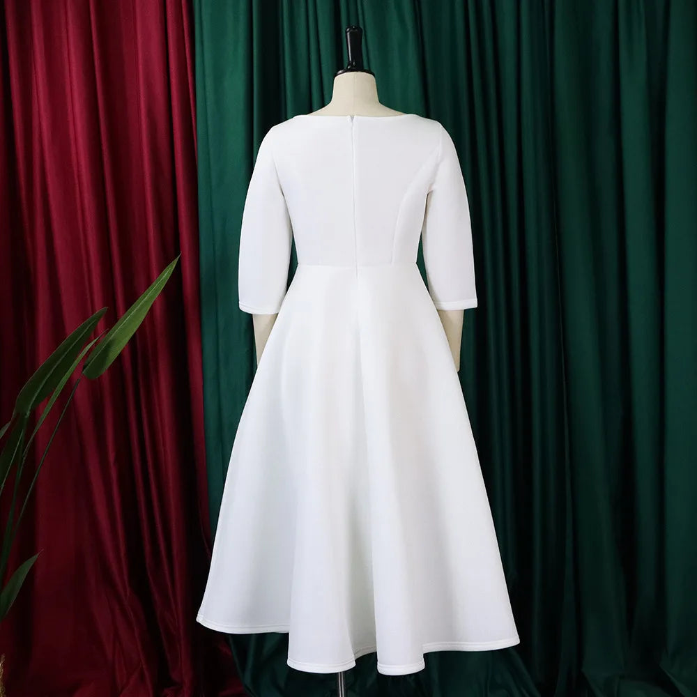 Elegant Pure Color Maxi Dress Evening Gown A- Line Skirt Polyester Fabric round Neck Short Sleeve High Waist Midi Dress