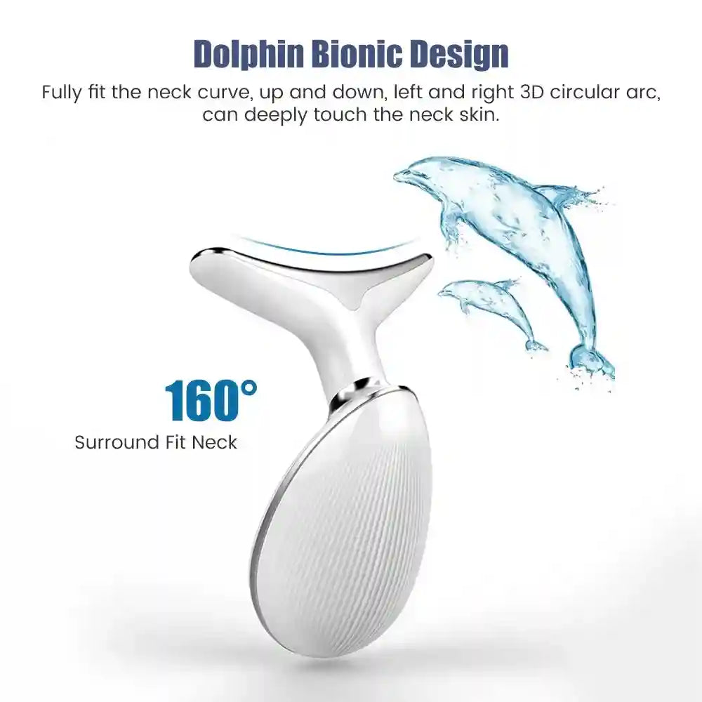 White, Y-shaped dolphin-inspired facial massager for neck contouring and skin tightening.