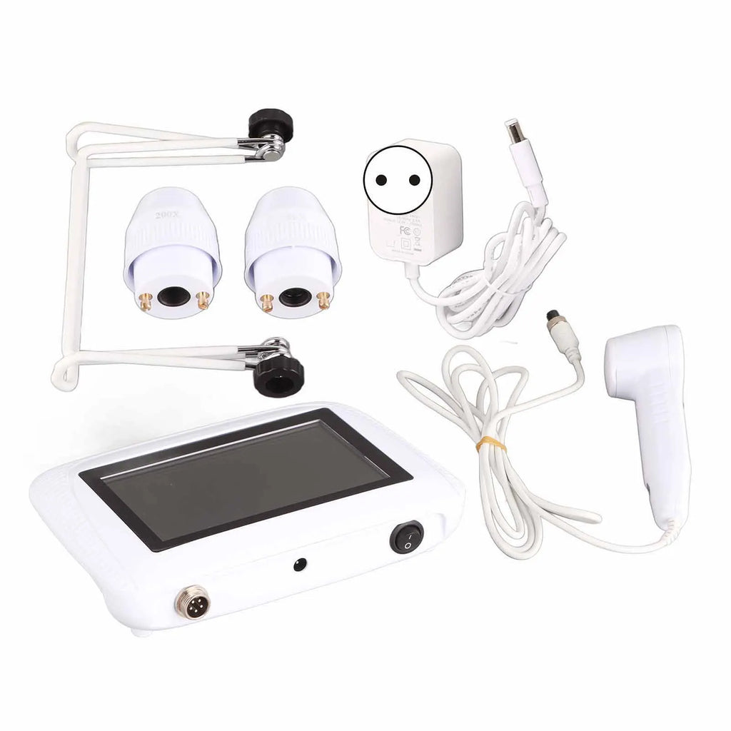 White 50X/200X skin analyzer kit with screen, magnifying lenses, and probe for scalp, hair follicle, and skin testing.