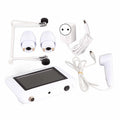 White 50X/200X skin analyzer kit with screen, magnifying lenses, and probe for scalp, hair follicle, and skin testing.