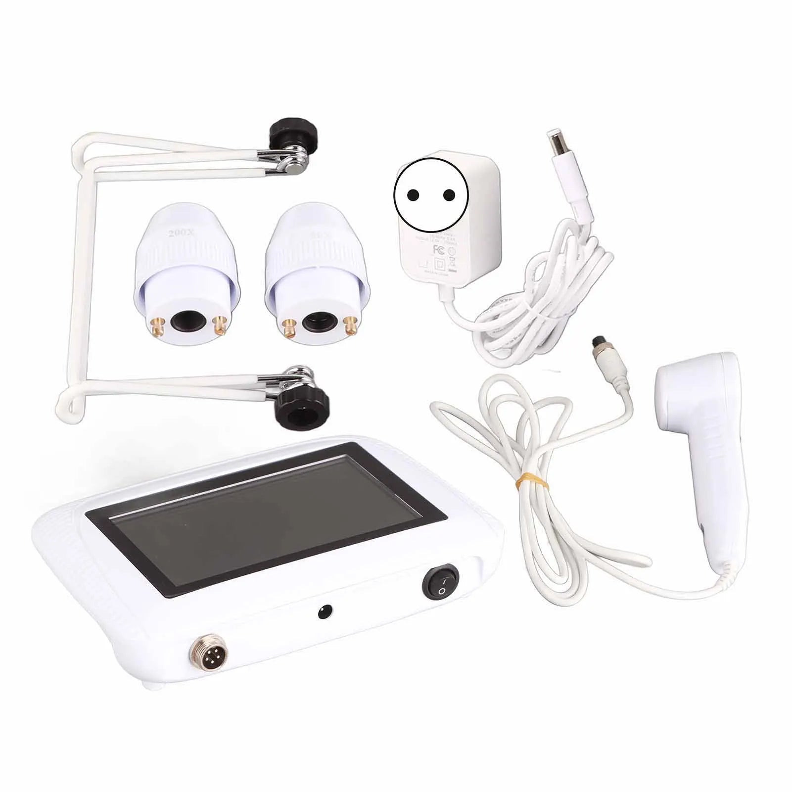 White 50X/200X skin analyzer kit with screen, magnifying lenses, and probe for scalp, hair follicle, and skin testing.
