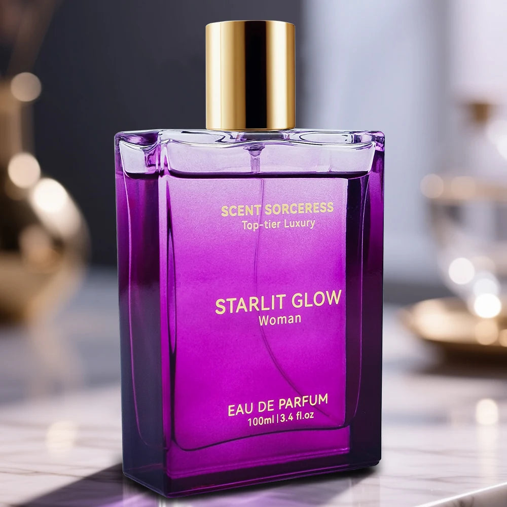 Scent Sorceress Starlit Glow EDP: 100ml luxury purple rectangular perfume bottle for women, floral fresh fragrance.